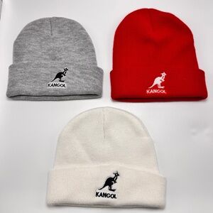 Kangol Beanie Hat Pull On Cuff Cap 100% Acrylic One Size Gray Red White Lot of 3